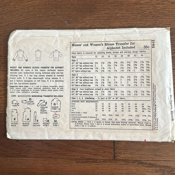 Vintage 1957 Simplicity 2195 Sewing Pattern for Women's Blouses - Picture 2 of 4